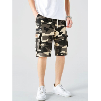 Zipper Multi-pocket Design Drawstring Cargo Shorts L Woodland camouflage