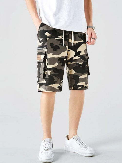 Zipper Multi-pocket Design Drawstring Cargo Shorts L Woodland camouflage