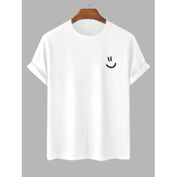 Men's Cartoon Smile Face Printed Basic Short Sleeve Crew Neck 100% Cotton Summer T-shirt L White