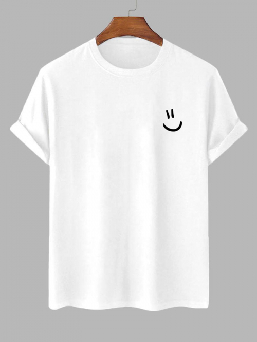 Men's Cartoon Smile Face Printed Basic Short Sleeve Crew Neck 100% Cotton Summer T-shirt L White