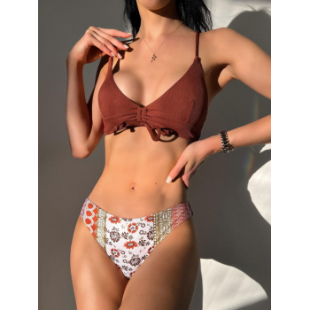 ZAFUL Ribbed Cinched Lace Up Cheeky Boho Ethnic Print Bikini Swimwear M Coffee