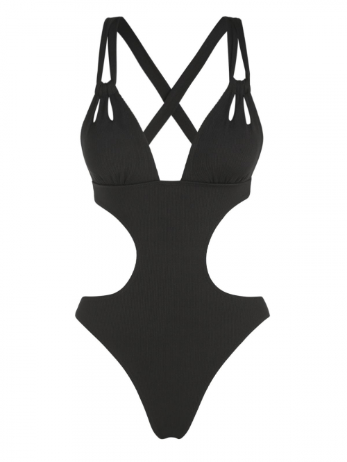 ZAFUL Ribbed Criss Cross Knotted Cut Out Cheeky One-piece Swimsuit Xl Black