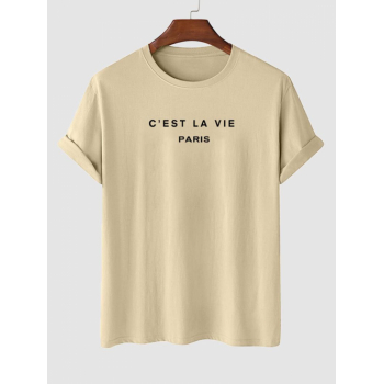 Men's Short Sleeve Crew Neck C'EST LA VIE PARIS Letter Printed Casual Summer T-shirt L Light coffee