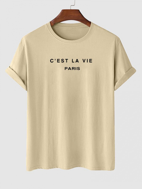 Men's Short Sleeve Crew Neck C'EST LA VIE PARIS Letter Printed Casual Summer T-shirt L Light coffee