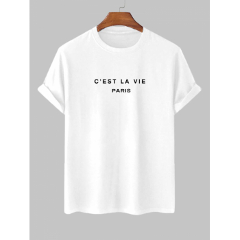 Men's Short Sleeve Crew Neck C'EST LA VIE PARIS Letter Printed Casual Summer T-shirt L White