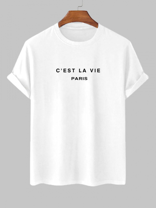 Men's Short Sleeve Crew Neck C'EST LA VIE PARIS Letter Printed Casual Summer T-shirt L White