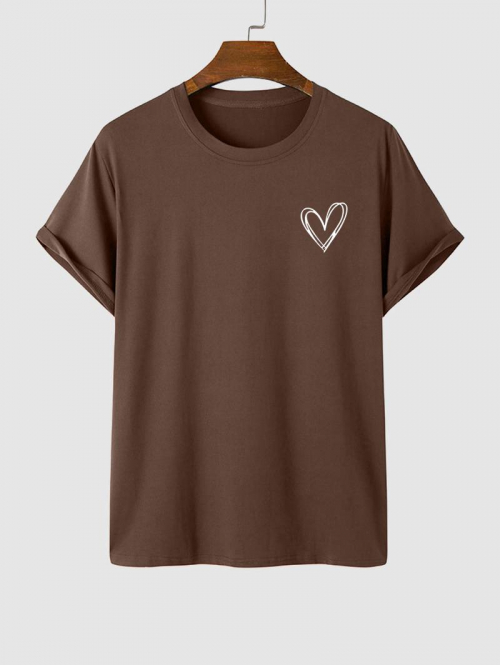 Simple Style Heart Pattern T-shirt L Deep coffee