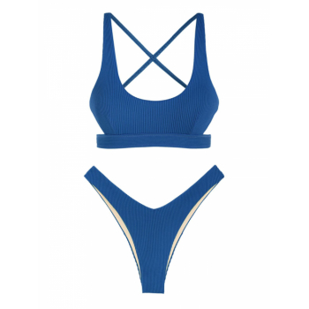 ZAFUL Criss Cross Bikini Top and High Cut Bikini Bottom Set L Deep blue