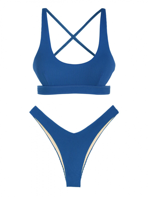 ZAFUL Criss Cross Bikini Top and High Cut Bikini Bottom Set L Deep blue