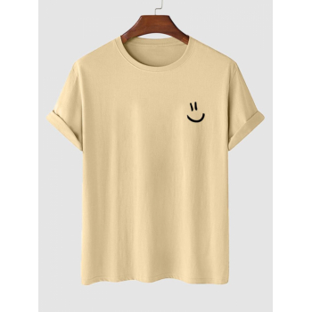 Men's Cartoon Smile Face Printed Basic Short Sleeve Crew Neck 100% Cotton Summer T-shirt L Light coffee