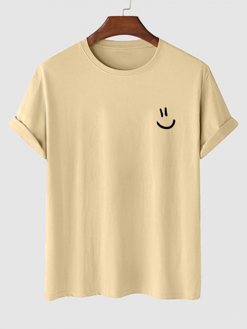 Men's Cartoon Smile Face Printed Basic Short Sleeve Crew Neck 100% Cotton Summer T-shirt L Light coffee