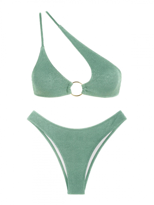 ZAFUL Textured One Shoulder O-ring Bikini Swimwear S Light green