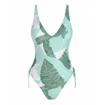 ZAFUL Leave Print Cinched High Cut Cheeky One-piece Swimsuit M Light green