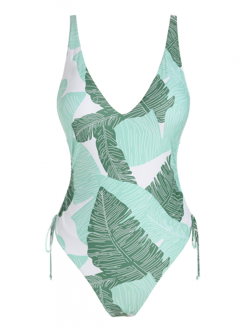 ZAFUL Leave Print Cinched High Cut Cheeky One-piece Swimsuit M Light green