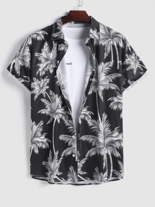 ZAFUL Men's Men's Tropical Coconut Tree Print Hawaiian Summer Casual Beach Vacation Button Short Sleeve Shirt S Black