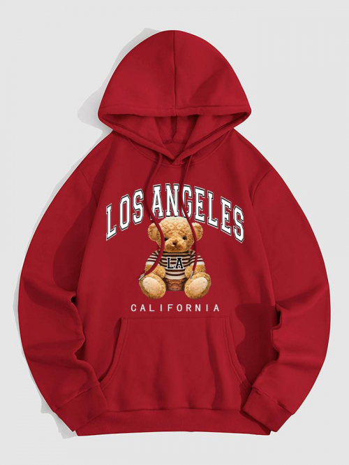 ZAFUL Men's LOS ANGELES CALIFORNIA Bear Graphic Fleece Thermal Lined Pocket Pullover Hoodie Xxl Red