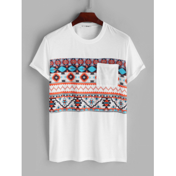 ZAFUL Men's Aztec Graphic Printed Front Pocket T-shirt L White