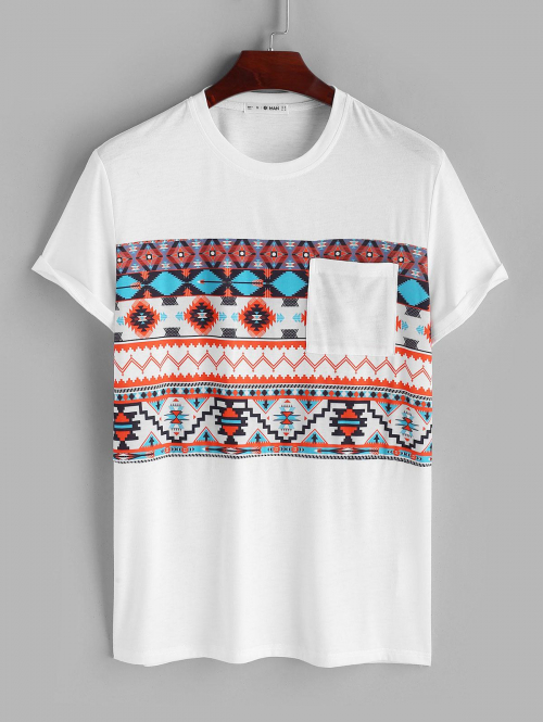 ZAFUL Men's Aztec Graphic Printed Front Pocket T-shirt L White