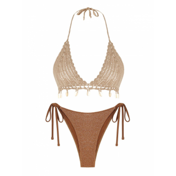 Boho Shell Tassel Crochet Tie Metallic Bikini Swimwear Coffee