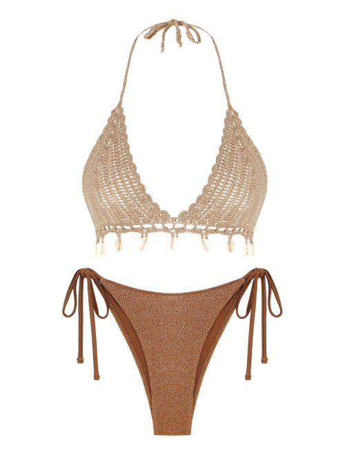 Boho Shell Tassel Crochet Tie Metallic Bikini Swimwear Coffee