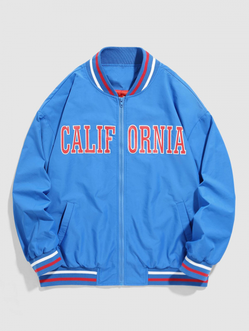 ZAFUL Men's ZAFUL Letter CALIFORNIA Pattern Zipper Fly Baseball Varsity Jacket M Blue