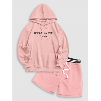 ZAFUL Men's Letter Embroidery Pullover Hoodie and Striped Waist Design Sweat Shorts Set Outfit Light pink