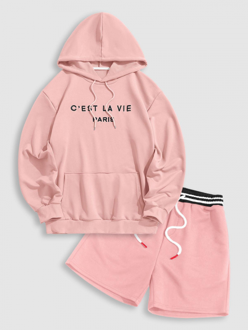 ZAFUL Men's Letter Embroidery Pullover Hoodie and Striped Waist Design Sweat Shorts Set Outfit Light pink