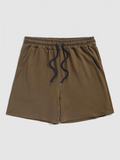 Solid Color Drawstring Sweat Shorts S Coffee