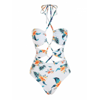 ZAFUL Ribbed Lace Up Tropical Flower Print One-piece Swimsuit M White