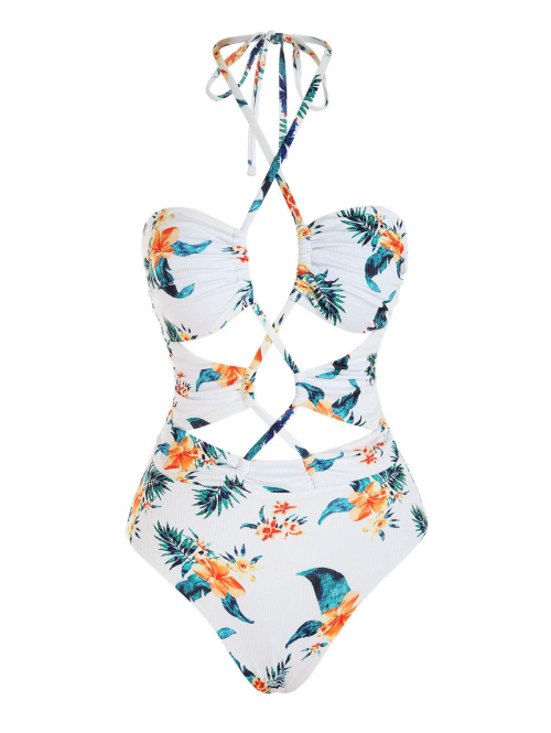 ZAFUL Ribbed Lace Up Tropical Flower Print One-piece Swimsuit M White