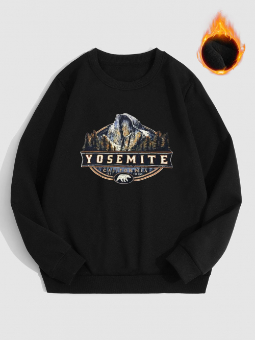 ZAFUL Men's YOSEMITE Mountain Pattern Thermal Fleece-lined Sweatshirt L Black