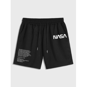 Letter Printed Drawstring Sweat Shorts M Black