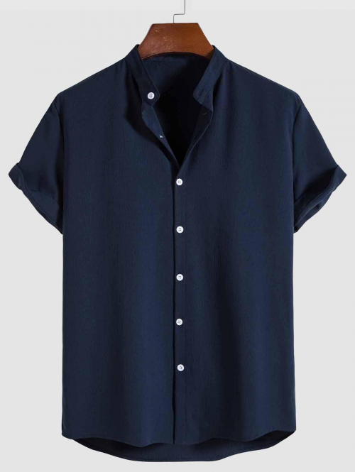 ZAFUL Men's Solid Color Stand Collar Short Sleeves Shirt L Deep blue