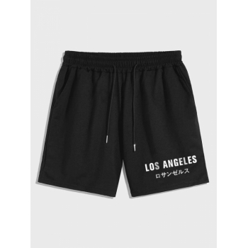 LOS ANGELES Japanese Character Print Drawstring Pocket Shorts L Black