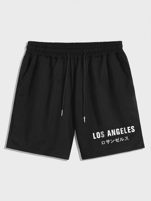 LOS ANGELES Japanese Character Print Drawstring Pocket Shorts L Black