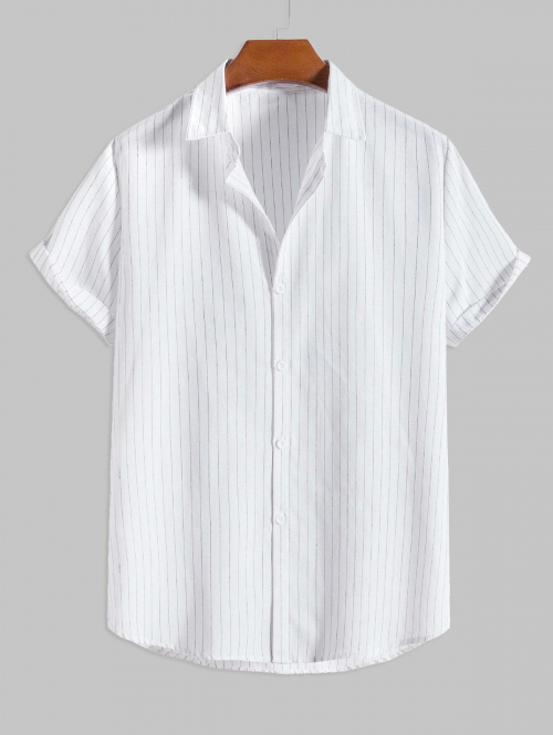 ZAFUL Men's Men's Vertical Striped Pattern Short Sleeves Button Fly Casual Summer Shirt M White