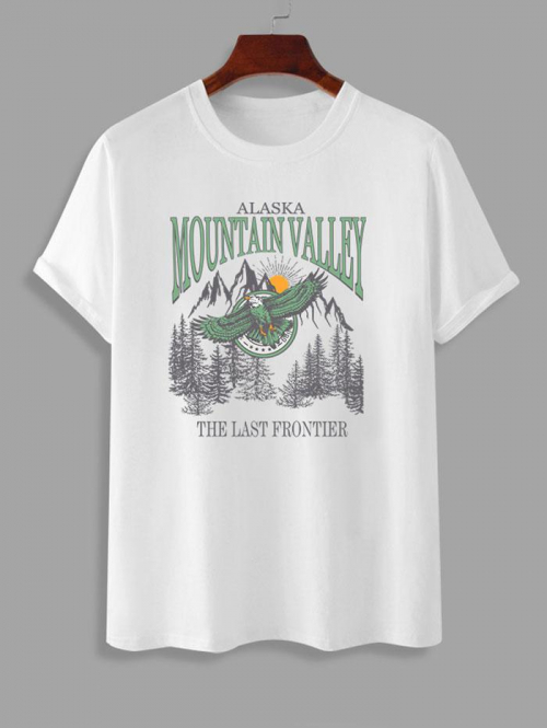 ZAFUL Men's ALASKA MOUNTAIN VALLEY Eagle Pattern Short Sleeves T-shirt M White