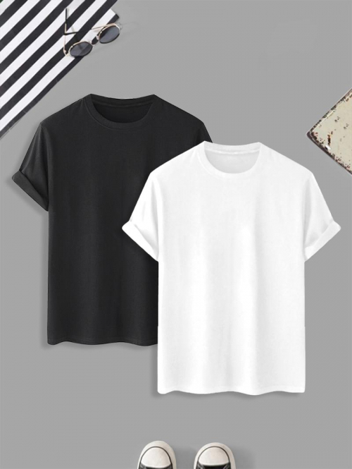 2Pcs Plain Solid Basic T-shirt L Multi a