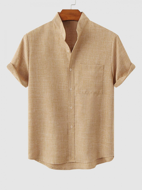 ZAFUL Men's Solid Color Cotton Linen Textured Front Pocket Shirt S Coffee