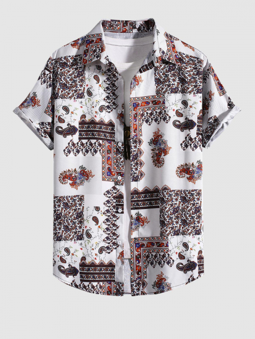 ZAFUL Men's Ethnic Style Vintage Paisley Printed Button Up Shirt Xxl White