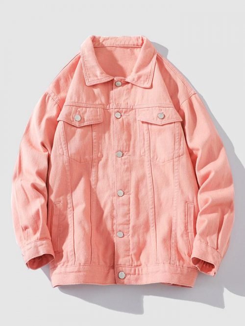 ZAFUL Men's UNISEX Flap Pocket Solid Color Denim Jacket L Light pink