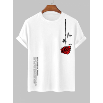 ZAFUL Men's Men's Letter Rose Graphic Printed Short Sleeve Round Neck Summer Casual T-shirt L White