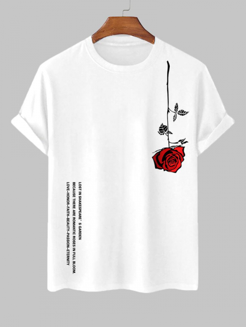 ZAFUL Men's Men's Letter Rose Graphic Printed Short Sleeve Round Neck Summer Casual T-shirt L White