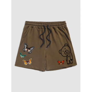 Bear and Butterflies Pattern Drawstring Sweat Shorts L Deep coffee