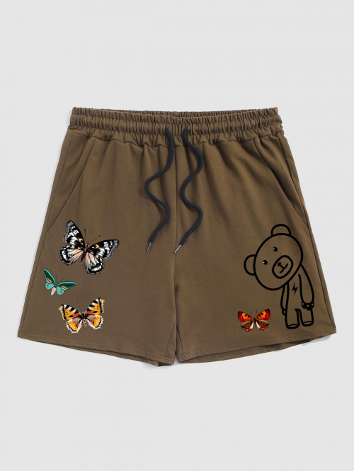 Bear and Butterflies Pattern Drawstring Sweat Shorts L Deep coffee