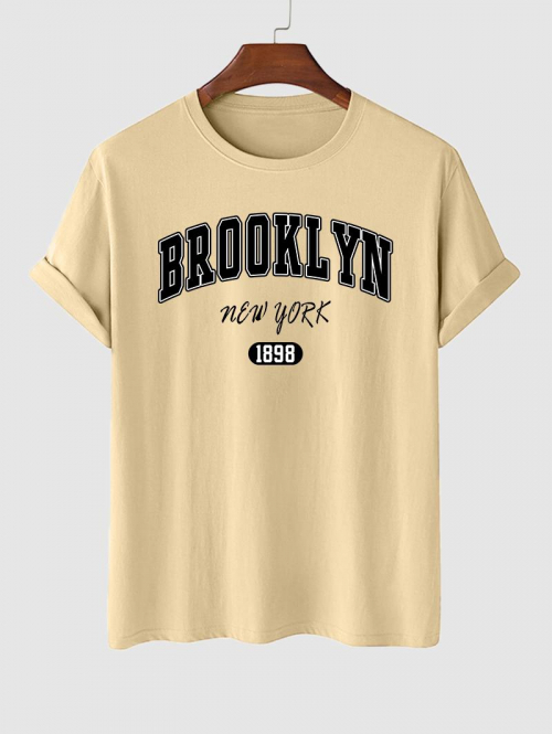 ZAFUL Men's Letter BROOKLYN Graphic Printed Short Sleeve T-shirt L Light coffee