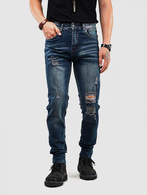 ZAFUL Men's Destroyed Straight Leg Jeans 32 Blue