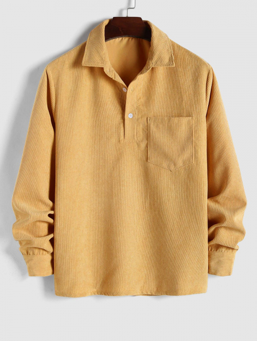 ZAFUL Men's ZAFUL Solid Color Half Button Pocket Corduroy Long Sleeves Collared Shirt M Yellow