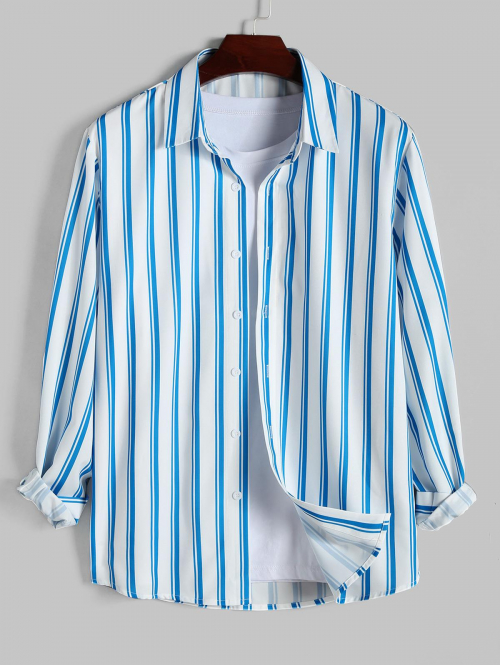 ZAFUL Men's ZAFUL Vertical Striped Pattern Asymmetric Hem Long Sleeves Shirt Xl Light blue