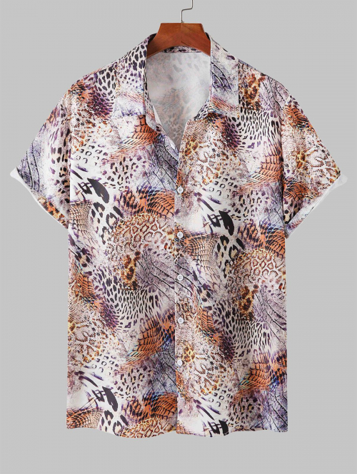 ZAFUL Men's Snakeskin Leopard Print Short Sleeves Vacation Shirt L Leopard